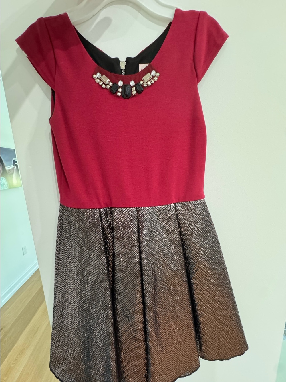 Zoe Ltd Red and Metallic Bronze Party Dress with Jewel Collar